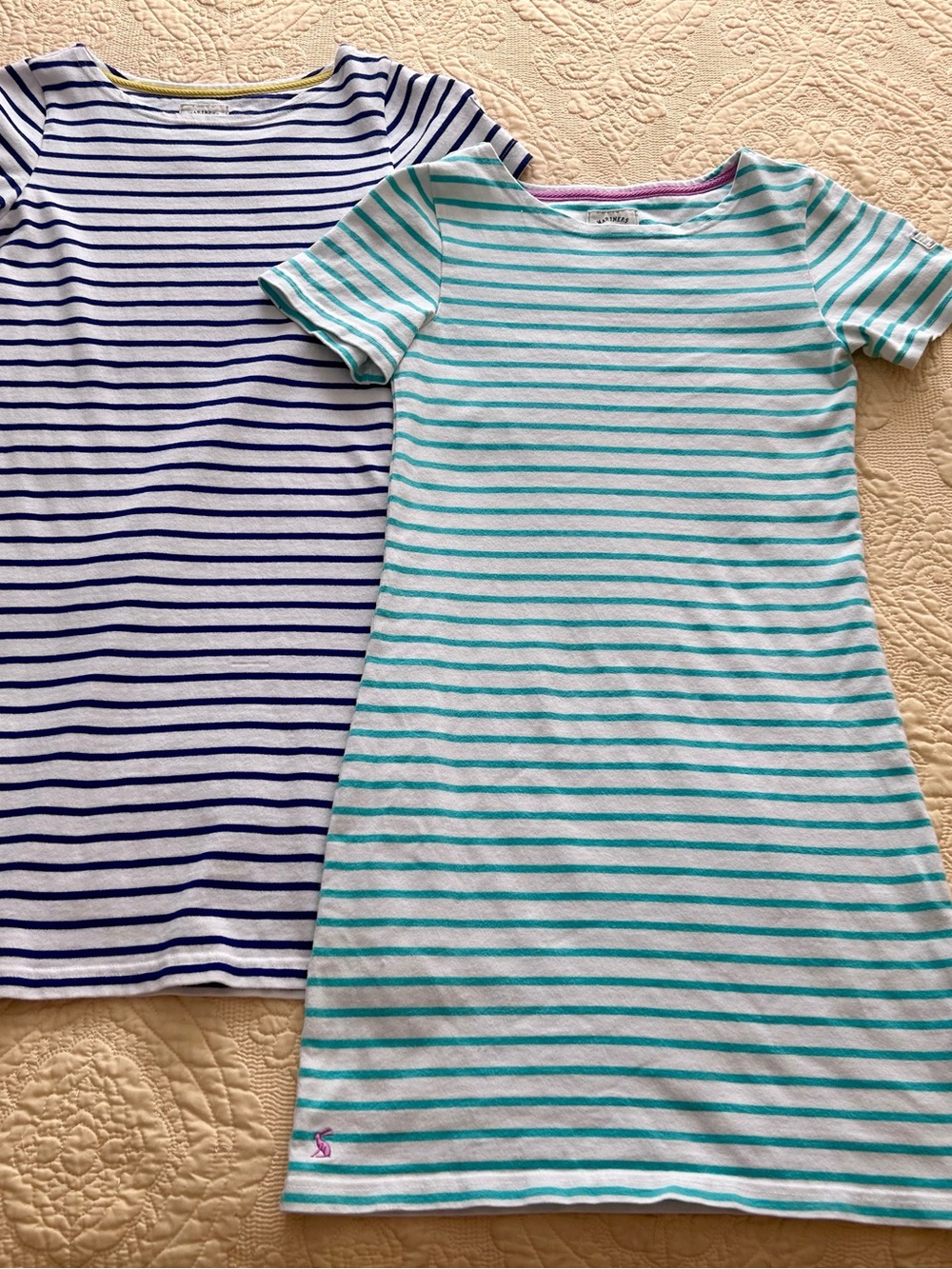 Pair of Joules Striped Tee Dresses in Turquoise & White and Blue & White
